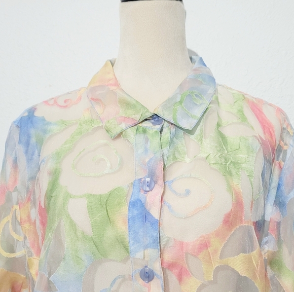 Erin London Sheer ButtonUp Blouse XL Pastel Floral Print Long Sleeve Lightweight - Picture 2 of 13